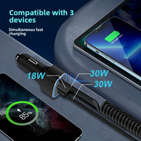 Chargeur de voiture USB C 3 en 1 60W, adaptateur de charge rapide avec câble Type C enroulé de 1,6 m, PD30W QC18W pour véhicules 12V 24V