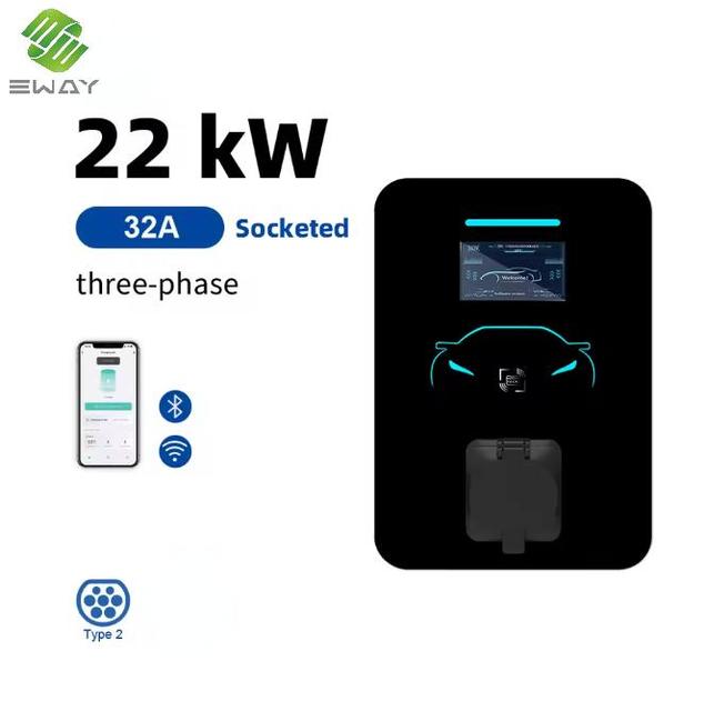 Socketed 22kW Type 2 EV Charger Smart Charging Station RFID Dynamic Load Balancing 5m Cable IP65 Home Commercial Use New 4.3"