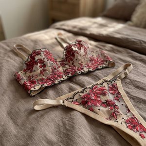 Eyyo Lingerie de haute qualité à imprimé floral crème avec broderie et détail nœud XL-XXL Soutien-gorge push-up rembourré et strings pour femme Body 75 - Product Image 3