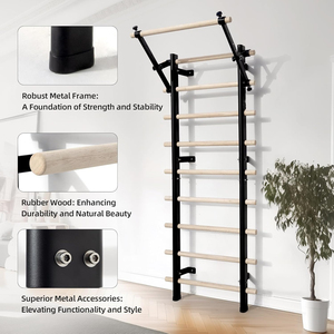 Barra di stallo <span class=keywords><strong>in</strong></span> <span class=keywords><strong>legno</strong></span> per uso domestico con cinghie di sospensione e attacco per barra di immersione Pull-Up 10 aste strategiche per la formazione scolastica e domestica - Product Image 2