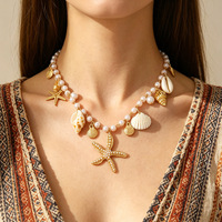 Ensemble de bijoux dorés pour femme, style bohème tendance, collier, boucles d'oreilles et bracelet coquillage, étoile de mer et conque, pour l'été et les vacances à la plage