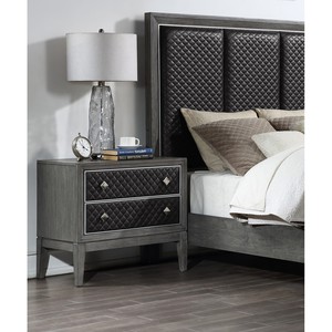 Comodino Moderno per Camera da Letto con 2 Cassetti, Rivestimento in Ecopelle Grigia, Design Classico, Mobile in Legno - Product Image 1