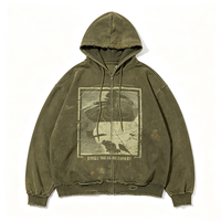 Sweat à capuche zippé déchiré et effiloché, imprimé Kornit DTG motif vintage déformé, délavé à l'acide, coupe oversize
