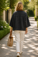 Chaqueta vaquera negra para mujer con cuello de pana marrón, abrigo vaquero oversize a la moda con botones plateados elegantes