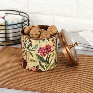 Conteneur alimentaire rond en cuivre avec couvercle, pot de rangement à imprimé floral bohème pour la cuisine, 1 couche, pour garder les aliments frais - Product Image 1