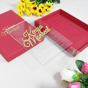 Invitaciones de cumpleaños de boda de acrílico transparente DIY con iniciales de oro cortadas con láser de lujo de muestra <span class=keywords><strong>gratis</strong></span> con caja de papel roja - Product Image 2