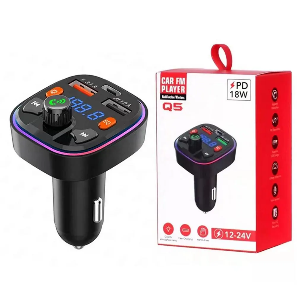 Car Bluetooth 5.0 Charger FM Transmitter PD 18W Type-C Dual USB Ambient Light Cigarette Lighter MP3 Music Player