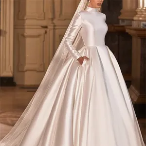 2023 neue Blume muslimischen Brautkleid Langarm Satin Brautkleid bescheidene Brautkleider Vestidos De Novia 2023