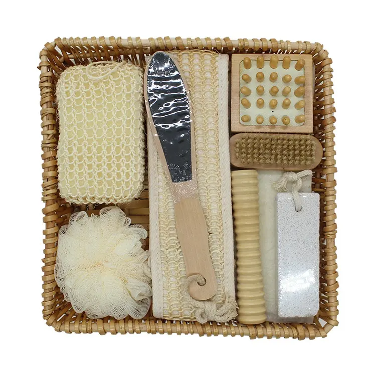 Body Scrub Care Bath Gift Set Spa with Sisal Belt Sponge Loofah Pouf Pumice Stone Nail Brush Cellulite Brush & Massager