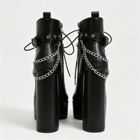 Bottines noires à plateforme pour femmes, bout rond, lacets, chaîne métallique, boucle, talon bloc épais, fermeture éclair arrière, style gothique punk
