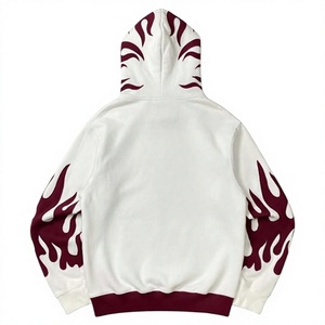 Sudadera con Capucha para Hombre, Blanca y Borgoña con Estampado de Llamas, Corte Regular, Informal, Tejida, 100% Algodón, Transpirable, Forrada, para Invierno - Product Image 6