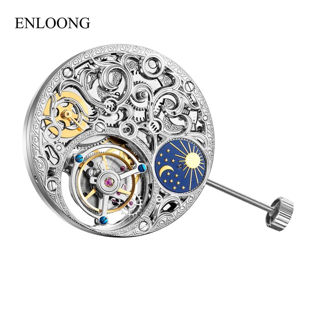 إينلونج-هيكل عظمي صيني مرئي ، حركة توربيون ، القمر ، مرحلة يدوية ، تدوير الحركة الميكانيكية