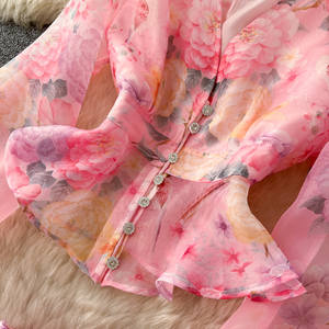 Vestidos de Mujer, Vestido Floral Estilo Francés para Vacaciones, Cuello en V, Manga Larga, Cintura Ajustada, Línea A, Vestido Plisado Elegante, Moderno y Casual para Mujer - Product Image 6