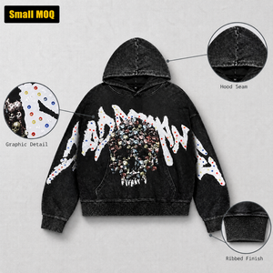 Hot Sale Trending Y2K <b>Skull</b> Rhinestone DTG Print Acid Wash Heavyweight Oversized 100% Cotton Hoodie Men Vintage Streetwear - Product Image 6