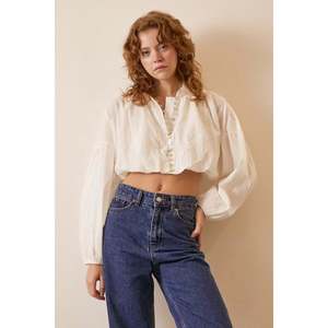 Blusa Corta con Mangas Abullonadas, Blanca, de Popelina Transparente, Informal, para Mujer, para Uso Diario - Product Image 4