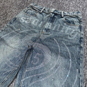 Fabricante de Jeans con Pedrería, Pantalones Vaqueros Holgados de Moda Urbana Personalizados para Hombre, Jeans de Mezclilla con Pedrería Apilada - Product Image 3