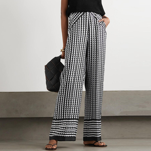 Pantalones de pierna ancha de seda para <span class=keywords><strong>mujer</strong></span>, ropa para el <span class=keywords><strong>trabajo</strong></span>, estampado, <span class=keywords><strong>blanco</strong></span> y negro, 100% - Product Image 3
