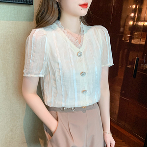 Mùa Hè Áo Phụ Nữ Ngắn Tay Áo V Cổ Ren Áo Sơ Mi Áo Sơ Mi Áo Sơ Mi Áo Sơ Mi Nữ Áo Cánh Nữ Áo Sơ Mi - Product Image 3