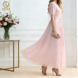 حجم مخصص النساء أنيقة على شكل حرف V الرقبة شيفون الكشكشة الزفاف وصيفة الشرف فساتين بأكمام قصيرة - Product Image 1