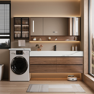 Meuble-lavabo de salle de bain moderne du milieu du siècle, en bois, avec dessus en marbre blanc, double tiroirs de rangement, miroir mural en MDF, garantie de 3 ans - Product Image 5