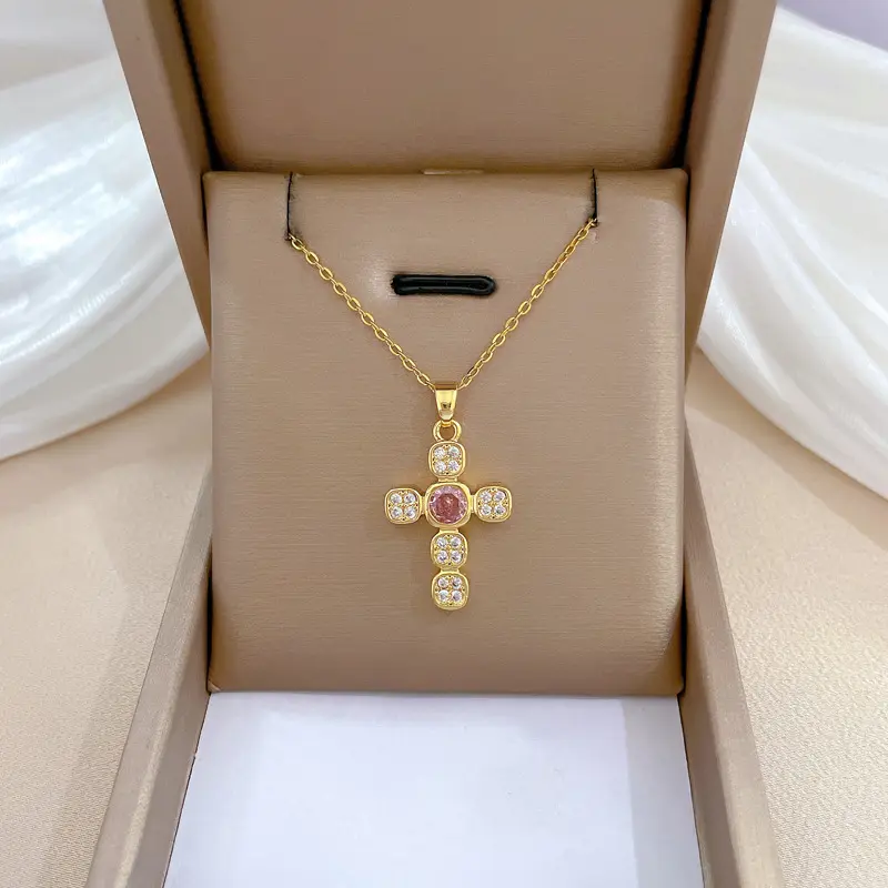 Luxus Vintage 18 Karat Gold Edelstahl Kette Zirkon Kreuz Anhänger Halskette Frauen Shiny Cz Choker Halskette Schmuck für Geschenk
