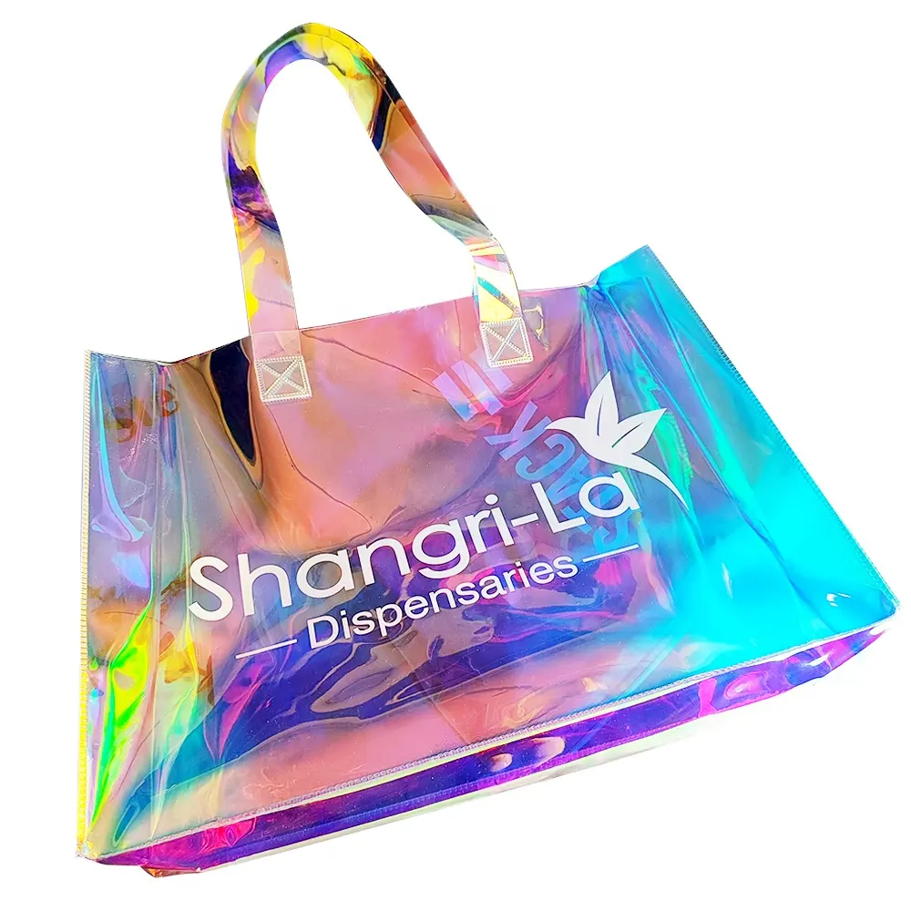 Custom Printed Logo Clear PVC Laser Tote Holographic Bag, Luxury Hologram Handle Bag Waterproof Pvc Iridescent Tote Shopping Bag