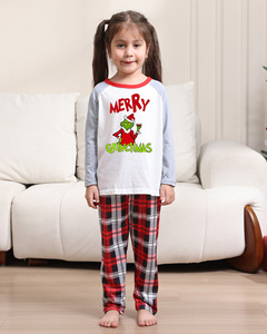 Cartoon Grinch Christmas Loungewear Sleep Suit pour les femmes Wholesale Summer Collection-White Printed Top Red Plaid Pants Pajamas - Product Image 6