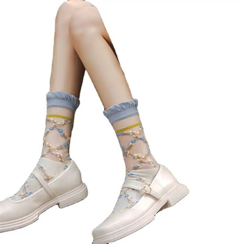 Spring Summer Vintage Small Floral High Quality Socks Glass Wire Breathable Pile Socks Women's Stockings