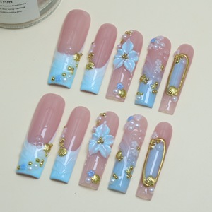 เล็บปลอมแบบกดติดคุณภาพสูง งานแฮนด์เมด สีฟ้าโทนฝรั่งเศส ลายแกะสลัก 3 มิติ สำหรับงานปาร์ตี้ งานเลี้ยง ทำเล็บ ขายส่ง - Product Image 1
