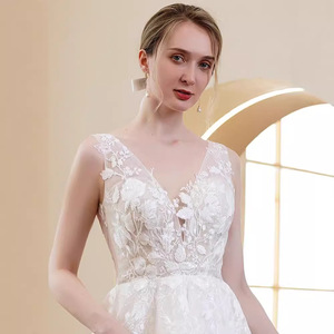 Lace V-Neck A-Line Wedding Dress White Natural Waist Backless Simple Outdoor Lawn Style - Product Image 3