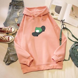 เสื้อฮู้ดดี้โอเวอร์ไซส์สำหรับผู้หญิง FOXA ลายกบสุดน่ารัก พิมพ์ลายสเก็ตบอร์ด เนื้อผ้านิตนุ่ม เสื้อแขนยาวหนา สไตล์น่ารักแบบ Kawaii - Product Image 2