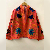 Blouson Bomber Unisexe en Velours Tricoté Artisanal Automne, Style Suzani, Rose Pêche Corail, Coton, Ouvert sur le Devant, Court, Bohème Ethnique Fait Main