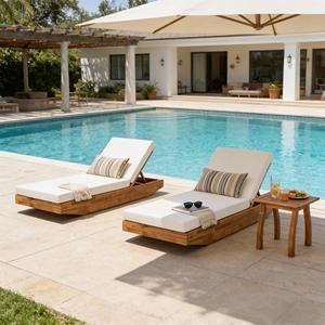 Acacia Wood Modern Luxury Chaise <strong>Lounge</strong> Cushion Teak Finish Eco-Friendly Outdoor Recliner Cream Water-Repellent <strong>Pool</strong> <strong>Lounge</strong> - Product Image 4
