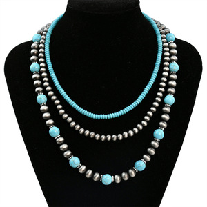 Collier Turquoise Style Navajo Transfrontalier <span class=keywords><strong>pour</strong></span> <span class=keywords><strong>Femme</strong></span>, Ensemble Haut de Gamme Trois Pièces Superposé, Perles <span class=keywords><strong>en</strong></span> Étain Antique, Fait Main - Product Image 3