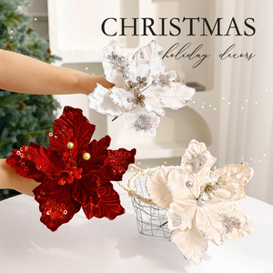 Flores de Poinsettia Artificiales con Polvo Dorado de Lujo, Adorno para Árbol de Navidad, Decoración Navideña - Product Image 1