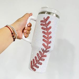 Vaso térmico de viaje con diseño de béisbol y diamantes de imitación, con pajita, a la moda - Product Image 2