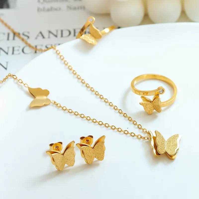 Colar de borboletas em aço inoxidável banhado a ouro, conjunto de joias com pingente de pingente e anéis, mais vendido para mulheres