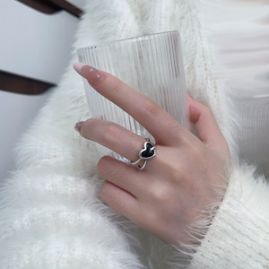S925 Sterling Silver Heart Index Finger <b>Ring</b> Black Inlay Bezel Setting For Women Gift Jewelry - Product Image 2