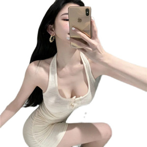 Halter Neck Bodycon Mini Dress Tight Waist Solid Color Party Casual Dress Khaki Pink Black Apricot HC-650 - Product Image 5