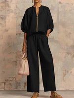 Conjunto de Dos Piezas para Mujer, Color Sólido, Estilo Casual, Holgado, Transpirable, con Top de Media Manga y Pantalones con Cordón, Ideal para Vacaciones