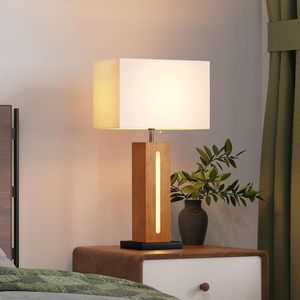 Modern Dimmable Table Lamps Set Of 2 Square Wood Grain Base With LED <b>Nightlight</b> For Bedside Use - Product Image 6