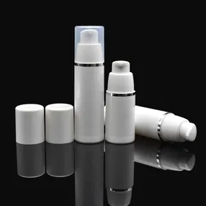 Lüks cilt bakımı ambalaj 15ml 30ml 50ml beyaz plastik havasız uçucu yağ pompalı losyon şişeleri