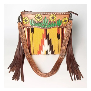 Premium Quality Wholesale Western Crossbody <b>Bag</b> with <b>Woven</b> Wool Saddle Blanket Fabric and Hand Tooled Floral <b>Leather</b> Strap - Product Image 1