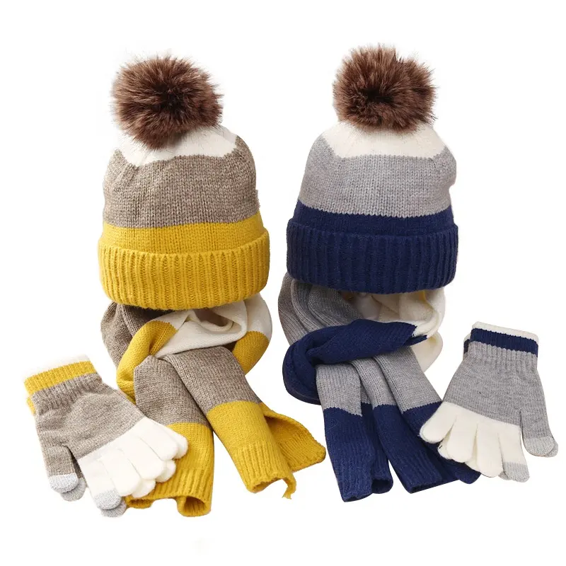 Aksesori landlover topi rajut hangat anak-anak musim dingin tebal topi cocok warna dengan set sarung tangan syal pompom