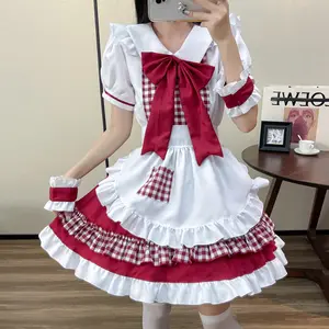 Black Red Grid Maid Suit Lolita Dress Big Bowknot Kawaii Role Play Costume Classical Cute Style Anime Cosplay Waiter Uniforms