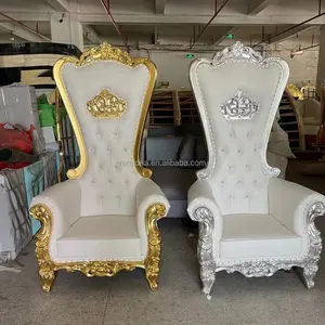 Sedia da sposa in legno con schienale alto all'ingrosso, sedie reali in oro e bianco matrimonio di lusso re sedie trono d'oro matrimonio