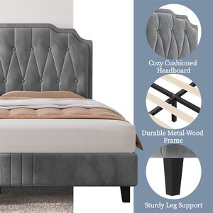 <span class=keywords><strong>Letto</strong></span> Imbottito <span class=keywords><strong>con</strong></span> Piattaforma e Testiera Regolabile Trapuntata a Bottoni/Tessuto in Velluto/Robusto Supporto a Doghe in Legno - Product Image 6