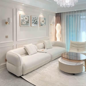 أريكة زاوية بتصميم نوردي بسيط من قماش المخمل الناعم بلون كريمي، طقم كنب مقطعي من صوف الخروف لغرفة المعيشة - Product Image 4