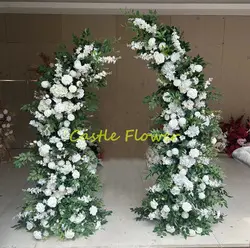 ขายร้อนรูปร่างแตรฉากหลังงานแต่งงานสีเขียวใบสีขาวสีขาวประดิษฐ์ดอกไม้จัดดอกไม้Arch Props