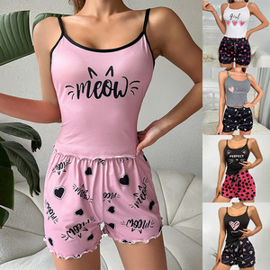 Pijamas sexis de <span class=keywords><strong>verano</strong></span> para mujer, pantalones cortos sin mangas con <span class=keywords><strong>tirantes</strong></span>, ropa de casa, traje, pijamas de seda de leche, conjuntos de ropa de dormir - Product Image 2